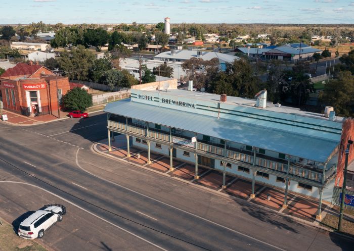 Aerial overlooking Hotel Brewarrina located in the centre of  town, Brewarrina