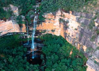 Aerial overlooking a waterfall, Blue Mountains National Park