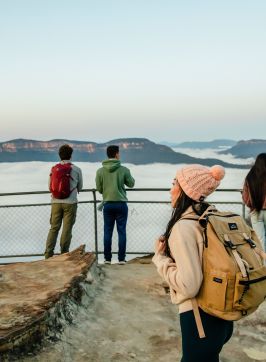 Group looking at the scenic views from Olympian Rock Lookout, Blue Mountains National Park