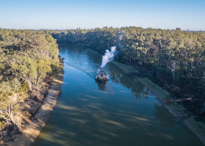 Paddlesteamer Emmylou cruising along the Murray River near Echuca-Moama, The Murray