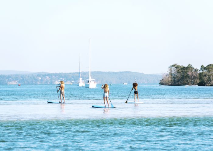 Friends enjoying a day of stand up paddleboarding on Lake Macquarie off Naru Beach