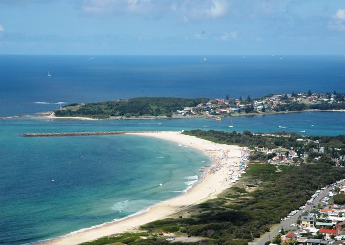 Aerial view of Blacksmiths Beach in Blacksmiths, Lake Macquarie Area, North Coast