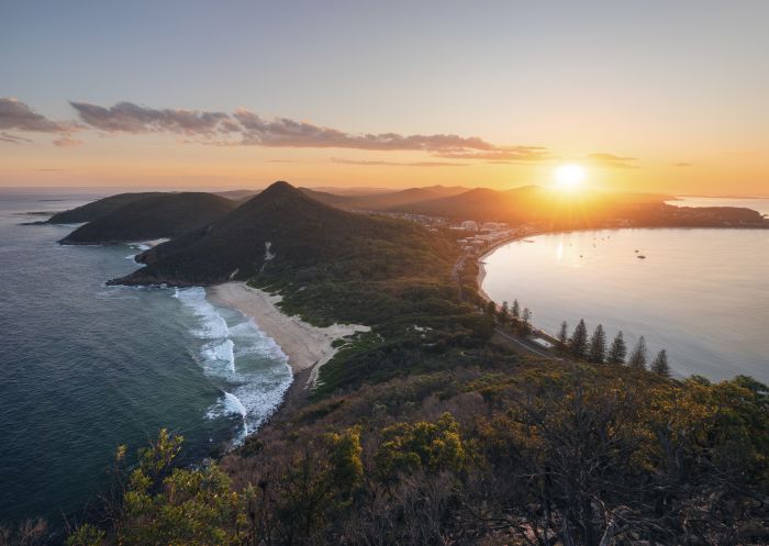 Scenic views over Shoal Bay Beach, Zenith Beach, Wreck Beach and Box Beach in Port Stephens from Tomaree Head Summit