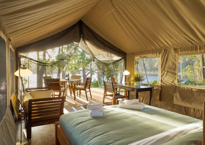 Inside the safari tent at Tanja Lagoon Camp in Bermagui, Sapphire Coast, South Coast