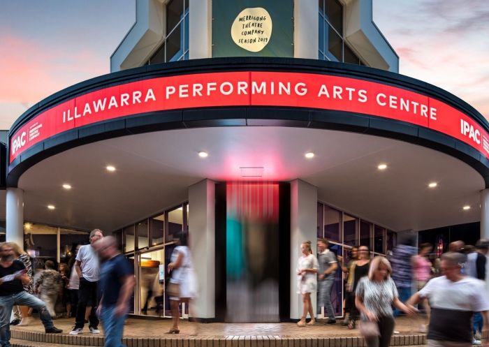 Crowd gathering on front steps at Illawarra Performing Arts Centre, Wollongong