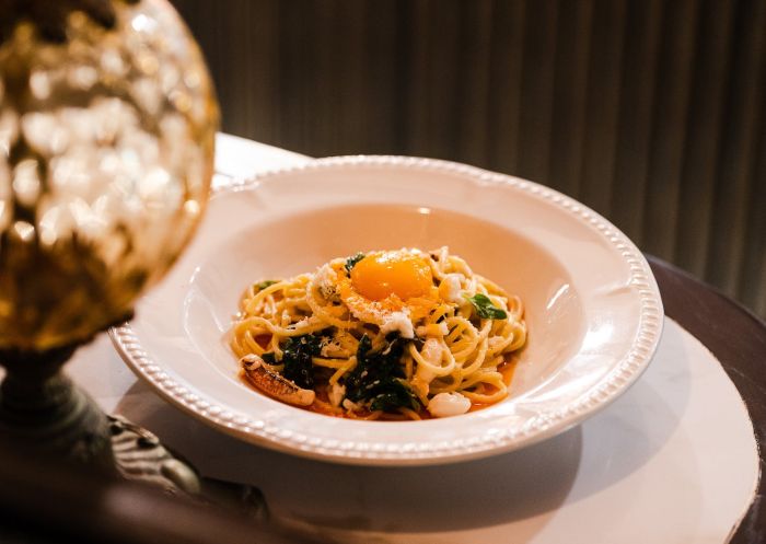 Crab carbonara at Restaurant Santino, Wollongong