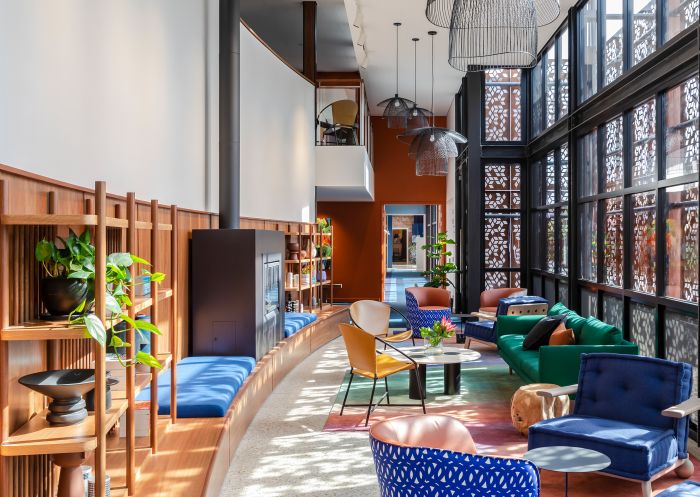 Foyer area of hotel with fireplace at Byng Street Boutique Hotel, Orange