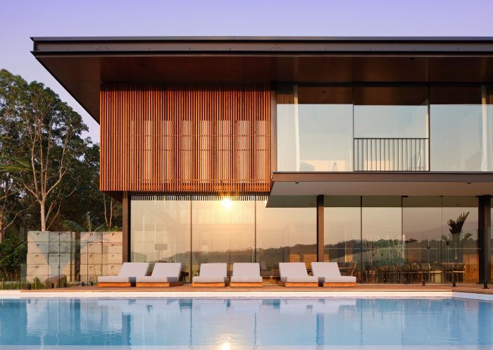 Pool and hotel facade at Soma Byron Bay, Byron Bay