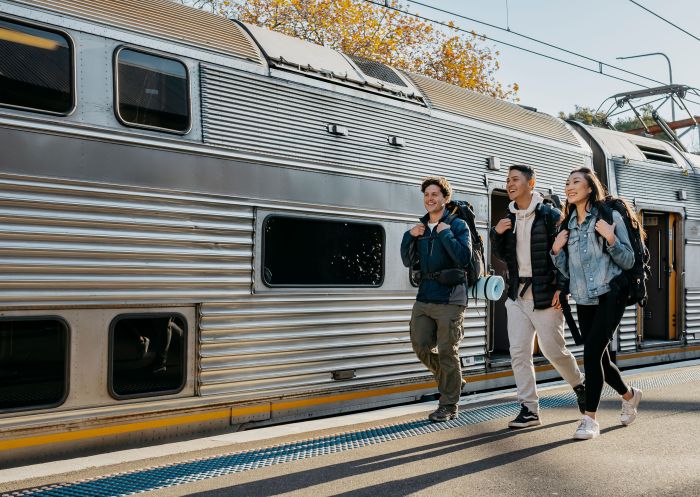 Friends walking along the platform at Katoomba Railway Station, Katoomba