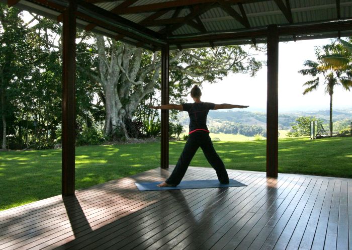 Yoga pavilion with sweeping views across the Northern Rivers hinterland at Byron Hinterland Villas, Clunes