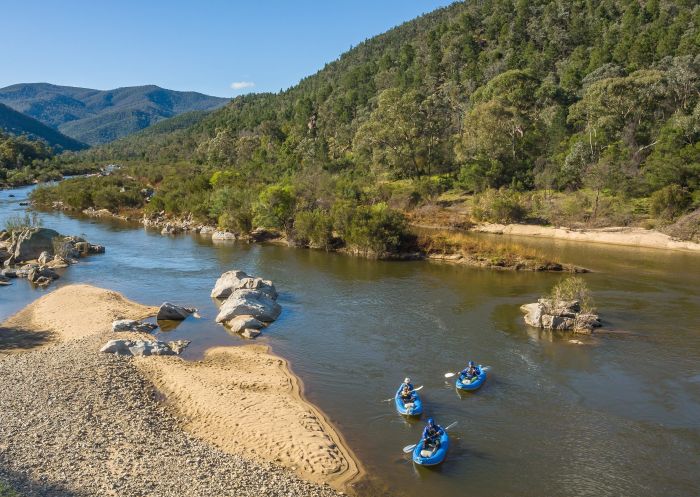 Aerial view of guests enjoying a guided kayak at Alpine River Adventures, Numeralla