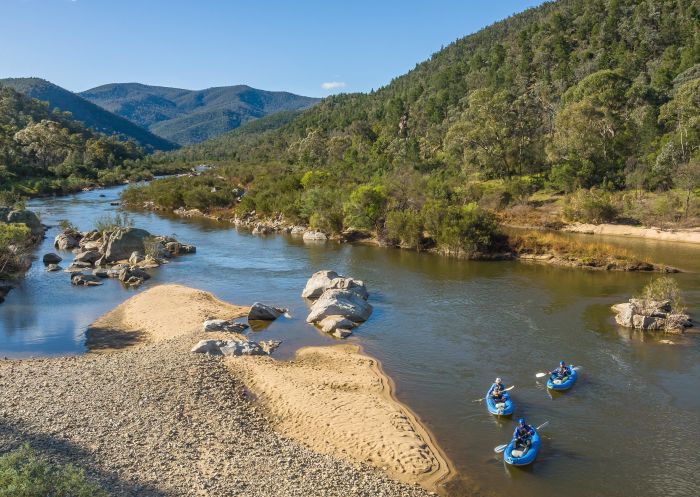 Aerial view of guests enjoying a guided kayak at Alpine River Adventures, Numeralla