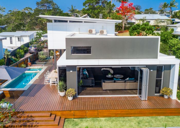 View of the deck and pool at Elevation, Byron Bay