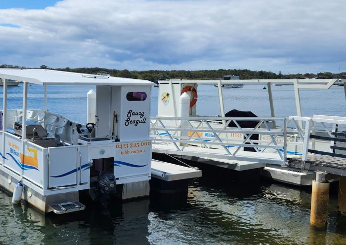 Our BBQ boats the Saucy Seagull and Pickled Pelican are ready at the jetty, Tea Gardens