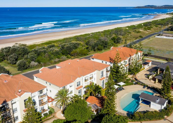 Aerial view of the resort by the beach at The Sands Resort, Yamba