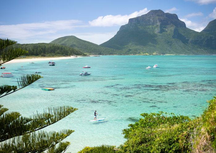 Man stand up paddle boarding at Lagoon Beach, Lord Howe Island