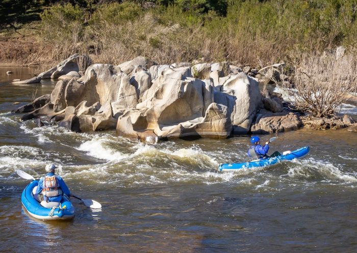 Guests enjoying a guided kayak along the Snowy River with Alpine River Adventures, Numeralla