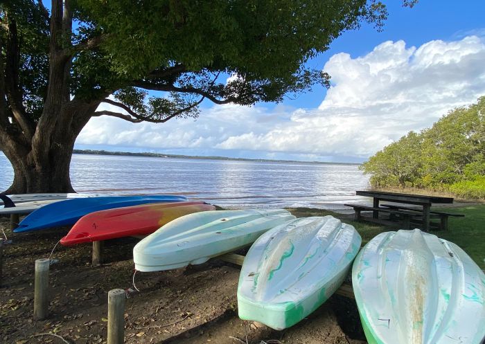 Kayaks on the riverbank at BIG4 Saltwater at Yamba Holiday Park,Yamba