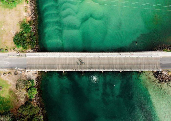 Aerial of bikes on bridge - Beyond Byron E-Bikes, Byron Bay - North Coast