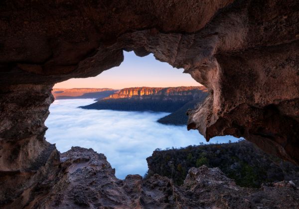 Morning fog over Blue Mountains National Park as seen from Lincoln's Rock in Wentworth Falls.