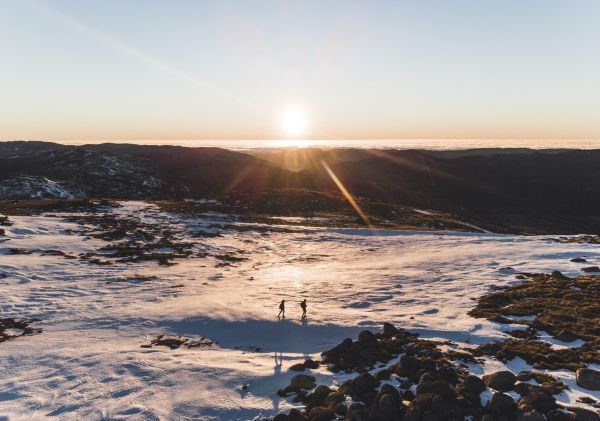 Couple exploring the alpine backcountry in Kosciuszko National Park, Snowy Mountains