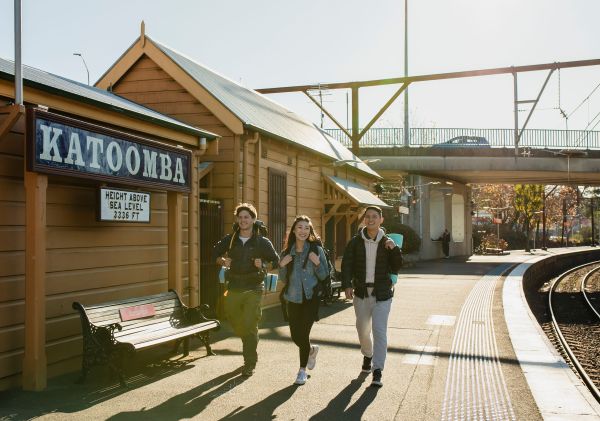 People catching a train from Katoomba railway station, Katoomba