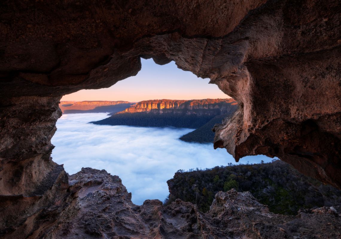 Morning fog over Blue Mountains National Park as seen from Lincolns Rock in Wentworth Falls.