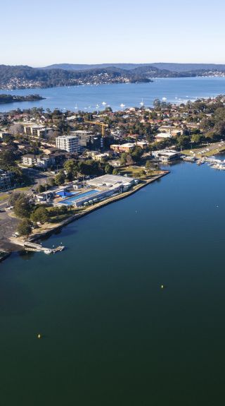 Aerial overlooking The Quarters, Gosford Waterfront in Central Coast