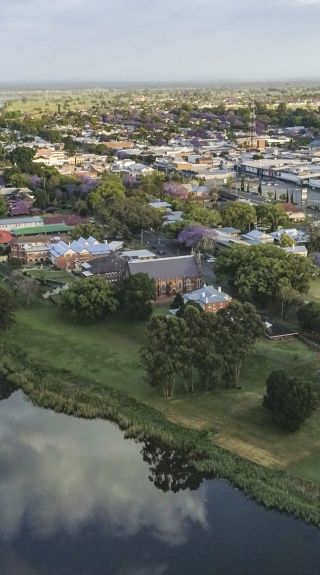 Aerial overlooking the city of Grafton on the state's North Coast 