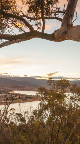 Sun setting over Lake Jindabyn in the Snowy Mountains