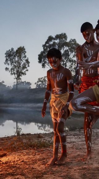 Males from the Barkindji nation dancing besides the Darling River, Wilcannia