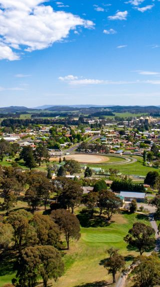 Aerial overlooking the town, Oberon