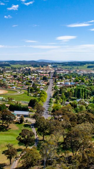 Aerial overlooking the town, Oberon