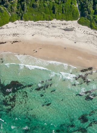 Coastal aerial of Pebbly Beach in Forster, North Coast