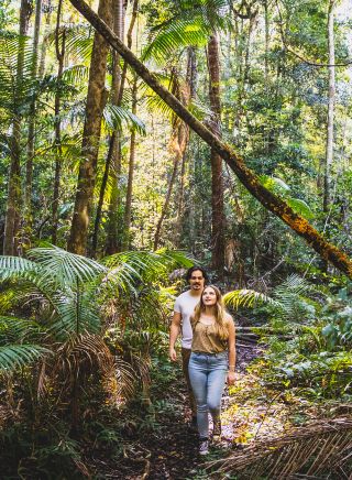 Couple enjoying a walk through Burrawan State Forest at Herons Creek in Port Macquarie, North Coast