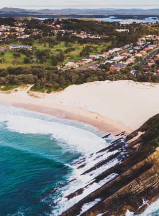 Scenic views over Bennetts Head Lookout at the northern end of One Mile Beach, Forster.