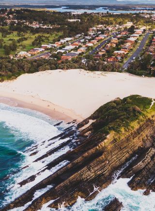 Aerial view of One Mile Beach, Forster