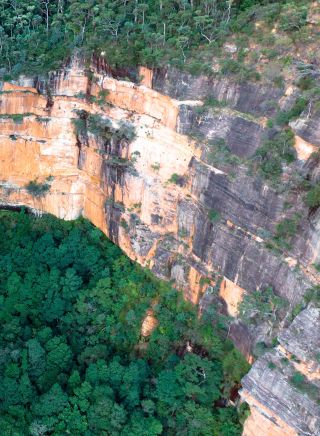 Aerial overlooking a waterfall, Blue Mountains National Park