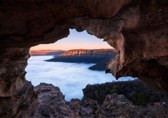 Morning fog over Blue Mountains National Park as seen from Lincoln's Rock in Wentworth Falls.